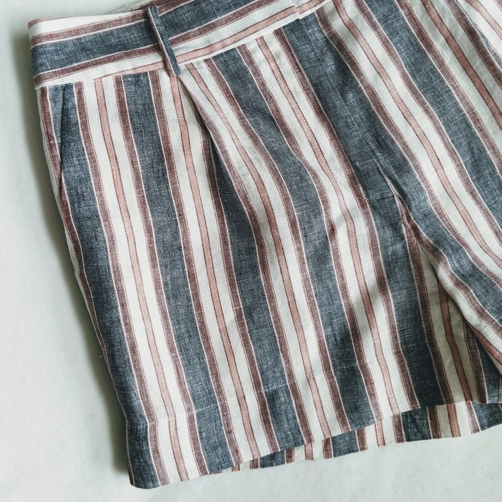 Frame Shorts Linen High Waist Zip Fly Striped Lined Natural Blue Red 8 NWT - Picture 3 of 14